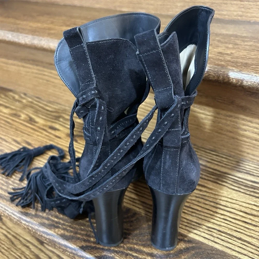 Michael Kors Collection 9 Made in Italy Black Suede Tassel‎ Wrap Block Heel